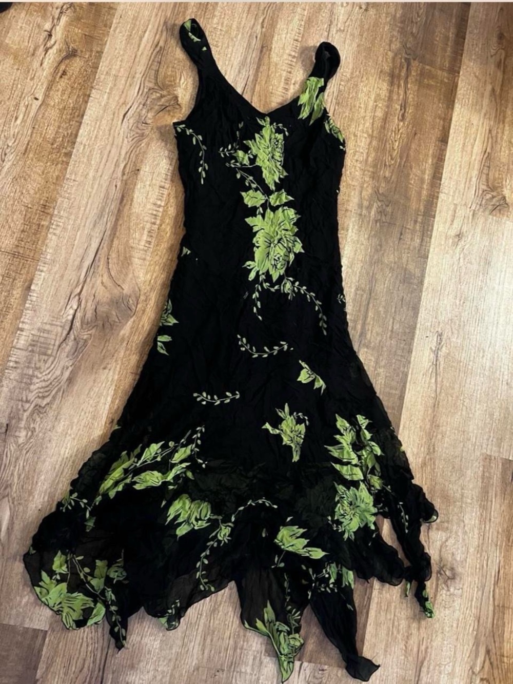 Black Asymmetrical Slip Dress with Green Floral Print